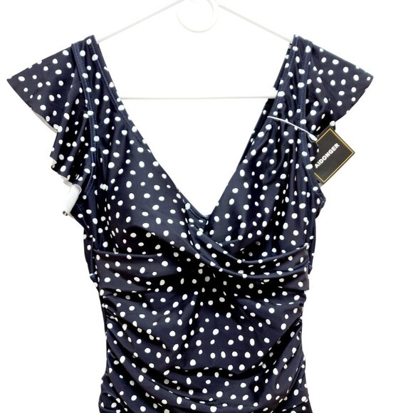Polka Dot Ruffle One-Piece Swimsuit With Wrap Tie - Aidonger Size S Navy White - Picture 5 of 10